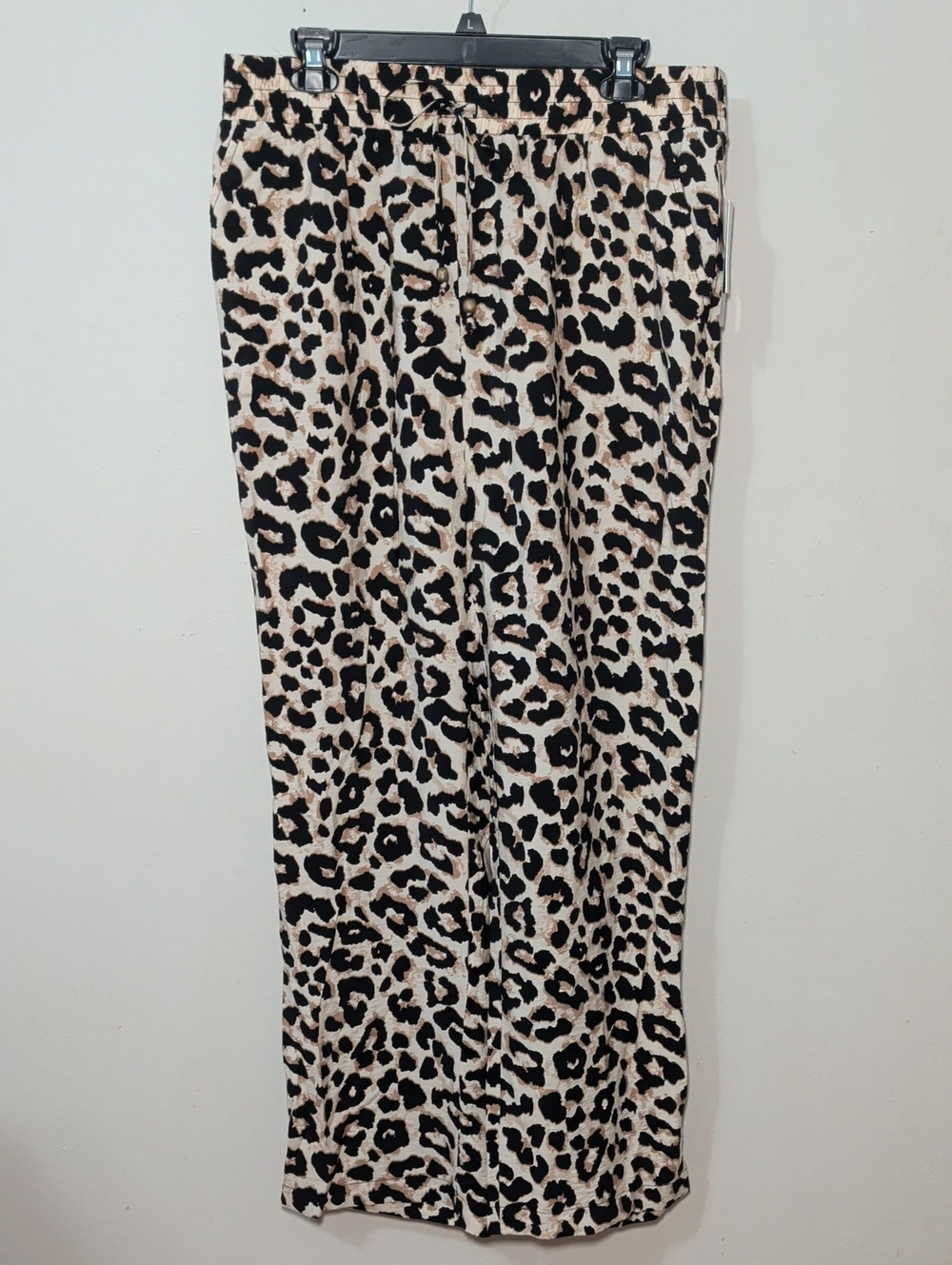 Soho Apparel Leopard Print Wide Leg Pants Cream Tan Black Flowy Women's Size L